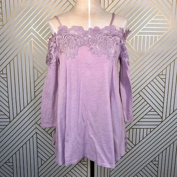 Anthropologie Meadow Laceline Top Tee Blouse Off-The-Shoulder Pink Size XSP - Picture 2 of 8